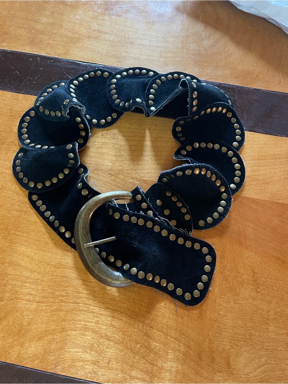 VINTAGE Black Studded Suede Belt with Antiqued Buckle, 39” - Picture 2 of 4